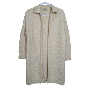 Vtg Ivory Diamond Pointelle Knit Longline Cardigan L Cottagecore Neutral Grandma